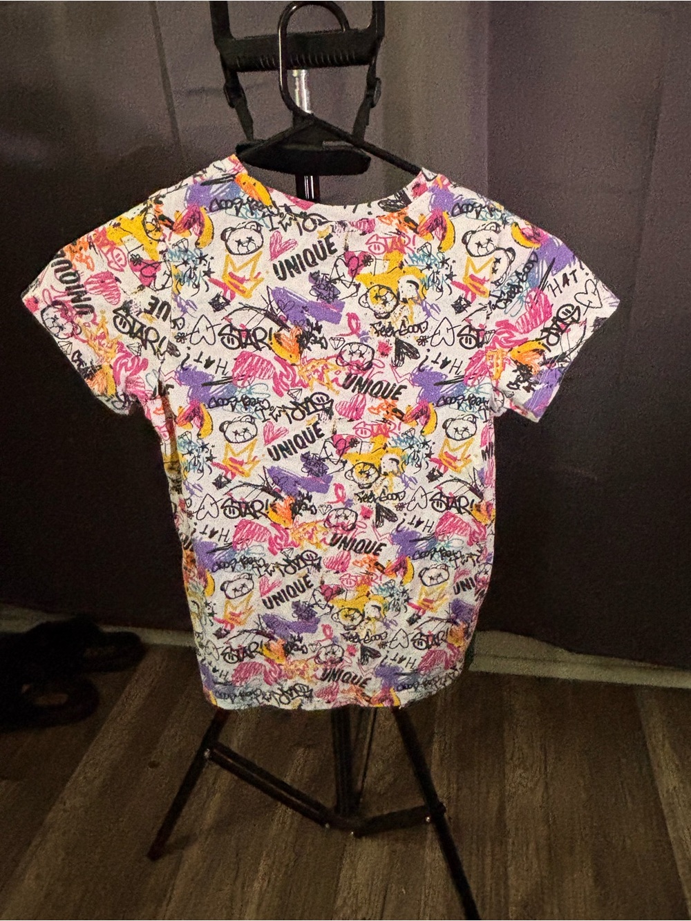 Girls' Short Sleeve Graphic Tee - White with Purple, Pink & Yellow Print